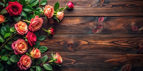 Dark wooden background with blooming roses and leaves , nature, landscape