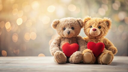 Fototapeta premium Two teddy bears sitting next to each other with a sweet heart symbolically connecting them in front of a soft background, animal friends, teddy bears