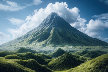 Fototapeta premium Majestic volcanic landscape under a clear sky with lush greenery and rolling hills