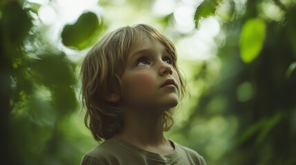 Naklejka premium A child stands in a serene forest, embodying innocence and connection with nature.