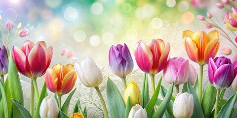 Colorful tulips arrangement on a crisp white paper background with delicate floral patterns and pastel hues, garden scene, floral patterns