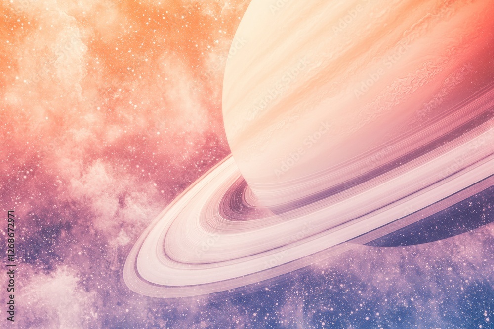 Aufkleber Distant view of Saturn surrounded by colorful cosmic clouds and sparkling stars in the vastness of space. Generative AI