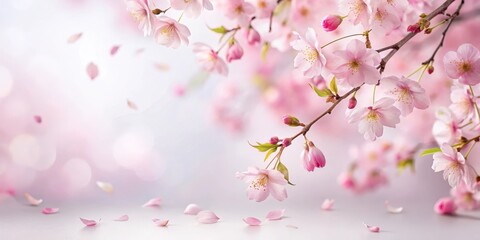 Obraz premium Delicate pink sakura petals fall gently from a blooming cherry blossom tree against a soft white background, nature scene, pink sakura petals falling