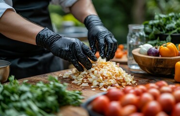 Chef in Black Gloves Peels Onion at Outdoor Cooking Class with Fresh Vegetables
