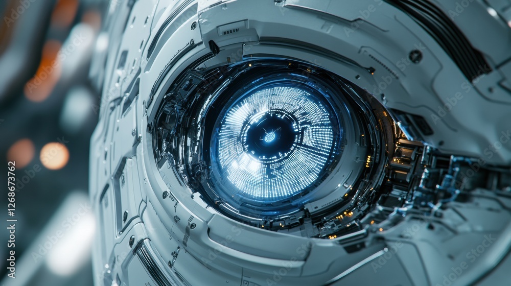 Fototapete Close up of a glowing robotic eye surrounded by intricate futuristic circuits. Generative AI