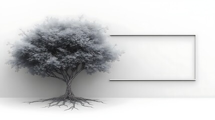 A grayscale tree with exposed roots beside a blank frame