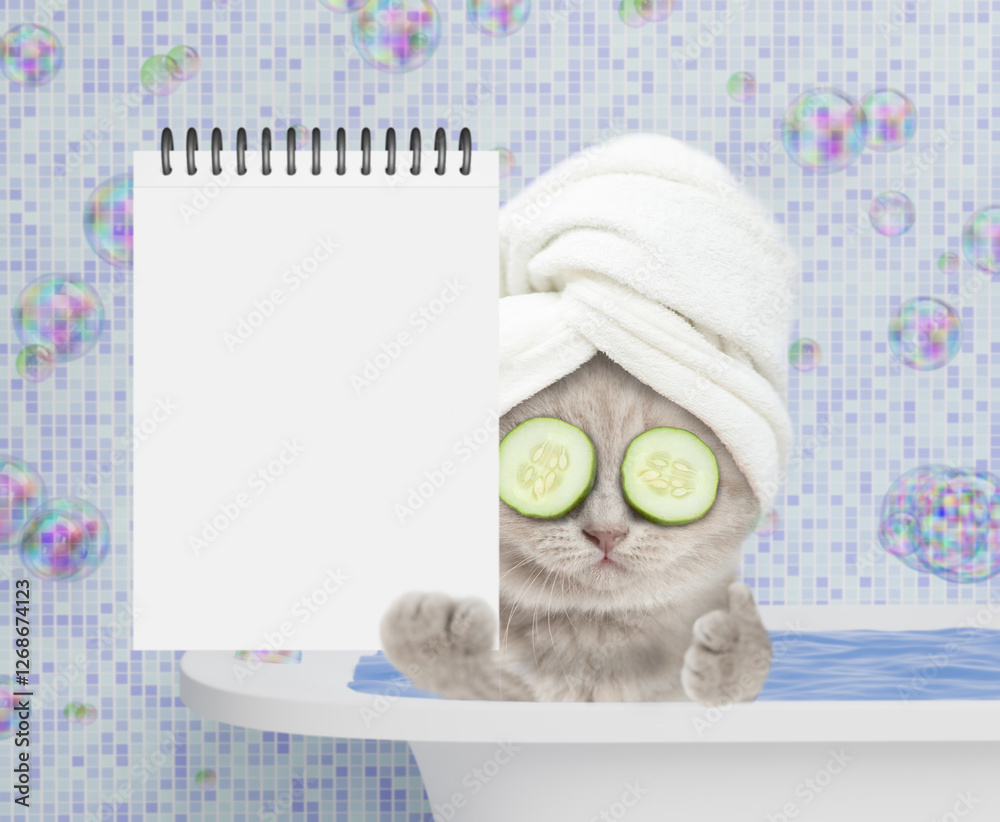 Fototapete Cute kitten with towel on it head and slices of cucumber on it eyes takes the bath at home and shows blank white notepad in it paw. Empty space for text