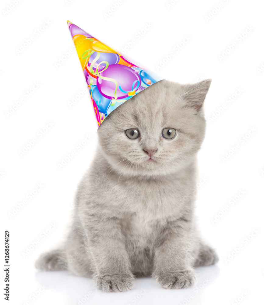 Poster Cute tiny kitten wearing party cap sitting in front view and looking at camera. isolated on white background