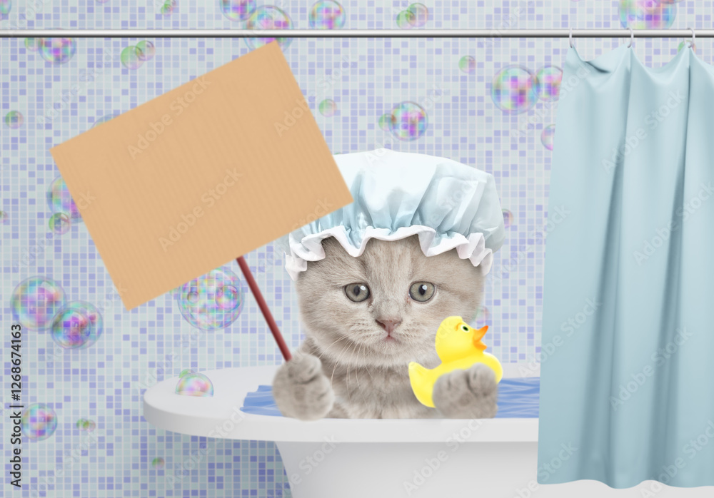 Aufkleber cute kitten wearing shower cap takes the bath at home with rubber duck and showing blank placard. em
