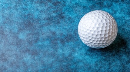 This image displays a white golf ball, textured with dimples, set against a background of mottled blue and black. The ball is positioned on the