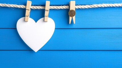 A white heart shaped paperclip attached to a rope against a blue wooden background. A simple, romantic image suitable for Valentine's Day or other