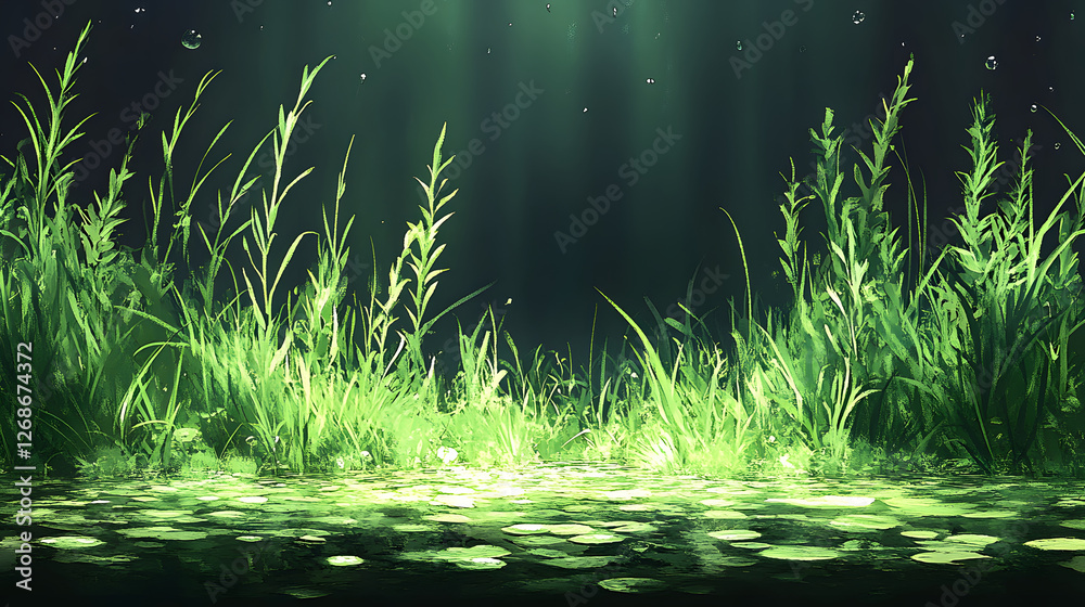 Poster a serene underwater scene featuring lush green grass and lily pads illuminated by soft, filtering li
