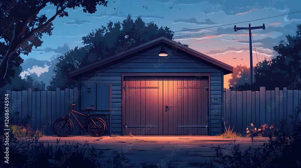 Poster a serene evening scene featuring a cozy garage illuminated by warm light, surrounded by trees and a 