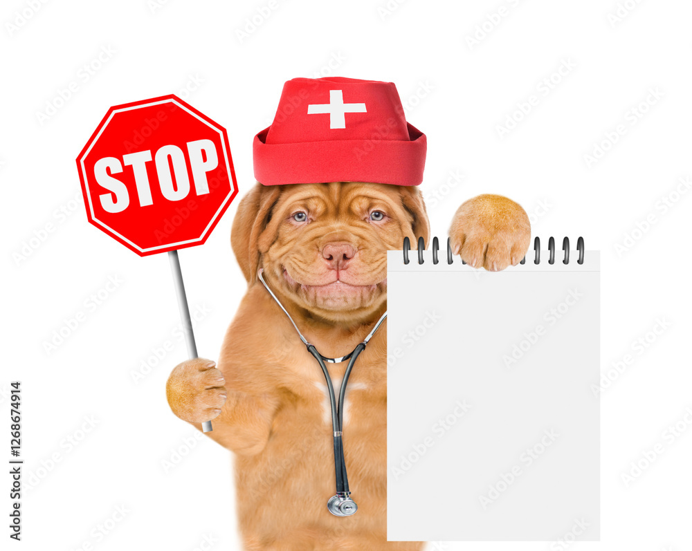 Poster funny mastiff puppy wearing like a doctor with stethoscope on his neck shows empty notebook and stop