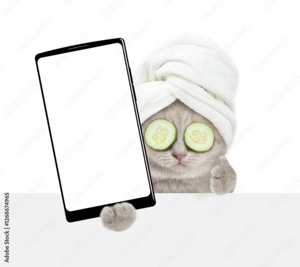 Aufkleber Cute tiny kitten with towel on it head holds  big smartphone with white blank screen in it paw above blank white banner and shows thumbs up gesture. Empty space for text. isolated on white background
