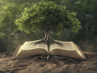 Bible placed under a world tree, with its roots and branches connecting continents, symbolizing the spreading of faith across generations