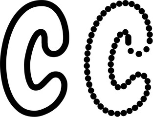 Vector illustration of lowercase letter C in bold outline and dashed line style. Ideal for kids tracing worksheets, coloring pages, and educational materials.