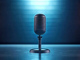 A vintage microphone standing alone against a blue illuminated background, symbolizing music and communication. Microphone recording concept