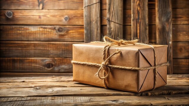 Brown paper parcel with twine tied around a wooden crate in a rustic barn , parcel, rural,  parcel, rural, outdoors, rustic