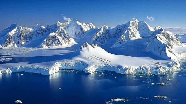 snow covered turf frozen ice shore with snow mountain under blue sky 