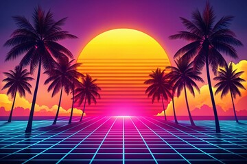 Fototapeta premium 80s Retro Sun Palm Tree Silhouette Wallpaper Background - Right Copy Space