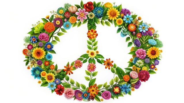 Colorful flowers and leaves in a circular shape with peace signs and hearts surrounding them, serene