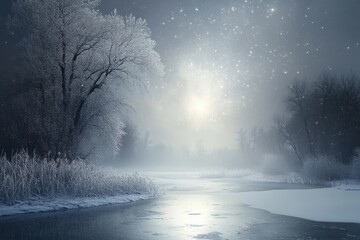 Winter night landscape with frosty trees and shimmering water reflections in serene atmosphere