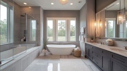 Beautifully designed gray bathroom with a stylish bathtub, soft lighting, and a calming, modern aesthetic.
