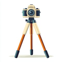 Camera on tripod with vector tripod icon isolated on white background in flat design style