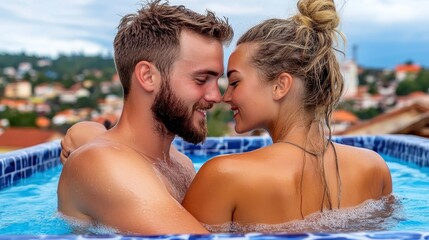 Fototapeta premium A young couple embraces in a bubbly outdoor pool, enjoying a tender moment. Warm sunlight illuminates their faces. Lush green hills create a