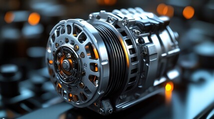 Obraz premium Close-up of a shiny silver automotive AC compressor with intricate details.