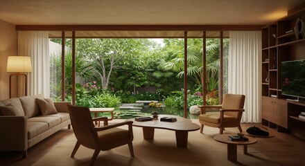 Fototapeta premium Elegant Living Room Interior with Garden View and Natural Light