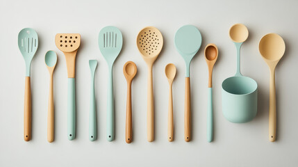 A collection of minimalist kitchen utensils in pastel hues, crafted from wood and ceramic, displayed neatly against a solid light gray background