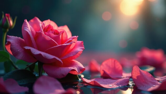 Silky moonbeams dance across dew-kissed rose petals, dewy, moonbeams