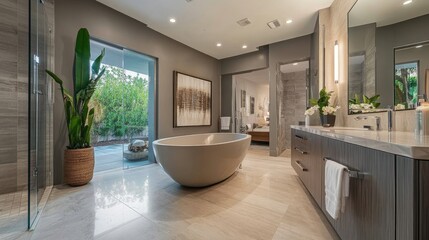 Minimalist gray bathroom featuring a sleek bathtub, high-end fixtures, and a peaceful, spa-like atmosphere.