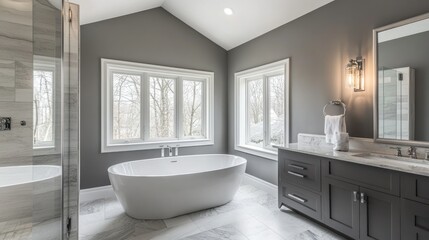 Minimalist gray bathroom featuring a sleek bathtub, high-end fixtures, and a peaceful, spa-like atmosphere.