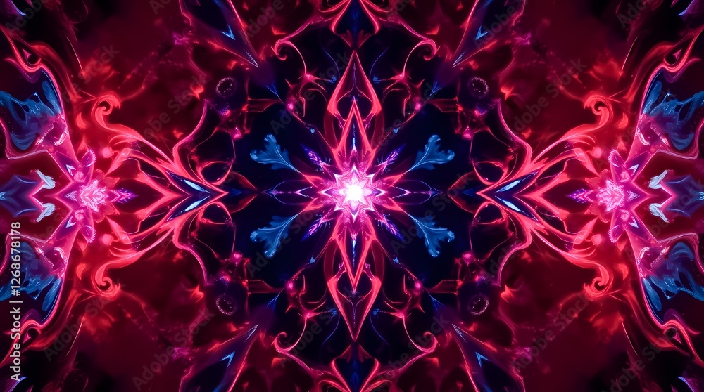 Poster colorful abstract design featuring intricate patterns and vibrant hues in a symmetrical arrangement.