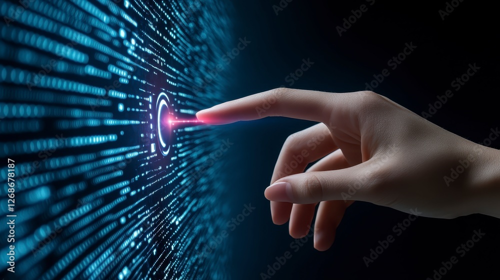 Poster close up of a hand interacting with a digital screen displaying blue and red binary code. the finger