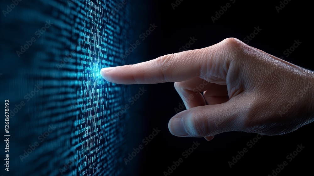 Poster close up view of a hand interacting with a digital screen displaying lines of code, glowing softly i