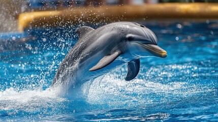 Obraz premium Leaping dolphin creating splashes while joyfully jumping out of the exquisite blue ocean