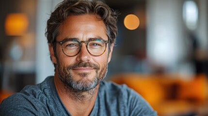 A smiling man with glasses in a cozy indoor setting.