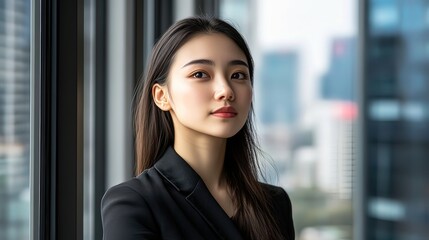 Confident female professional in a modern office, embodying focus and determination.