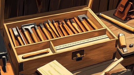 Wooden toolbox of hand tools on workbench, workshop background, craft tools, DIY project