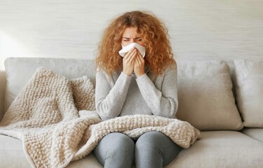 Red-haired woman sitting on a couch, blowing her nose into a tissue, looking unwell