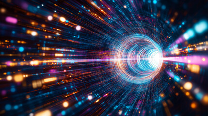 Obraz premium Data Stream Tunnel: An abstract digital art piece depicting a swirling tunnel of vibrant light streaks and data particles. The colors shift and blend, evoking feelings of speed.