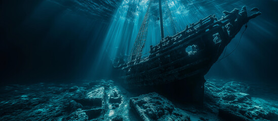 Schooner Ship Vintage view of a sailing ship, a sunken ship. Grand view of an old sailing ship from the times of pirates and the Middle Ages on the high seas in underwater, background