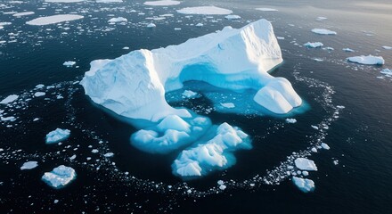 Fototapeta premium Iceberg Floating in Dark Ocean Water with Ice Floes Aerial View