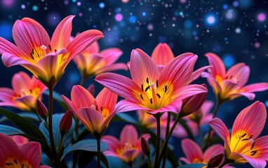 Fototapeta premium A stunning close-up of vibrant, glowing flowers in full bloom, illuminated with soft golden light.