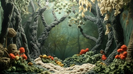 Yarn Wonderland in the Rainforest, a vibrant landscape woven with textured vines and playful knitted elements, inviting exploration and imagination