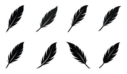 Feather icon set. Bird feather logo. Feathers vector set in a flat style. Black quill feather silhouette.